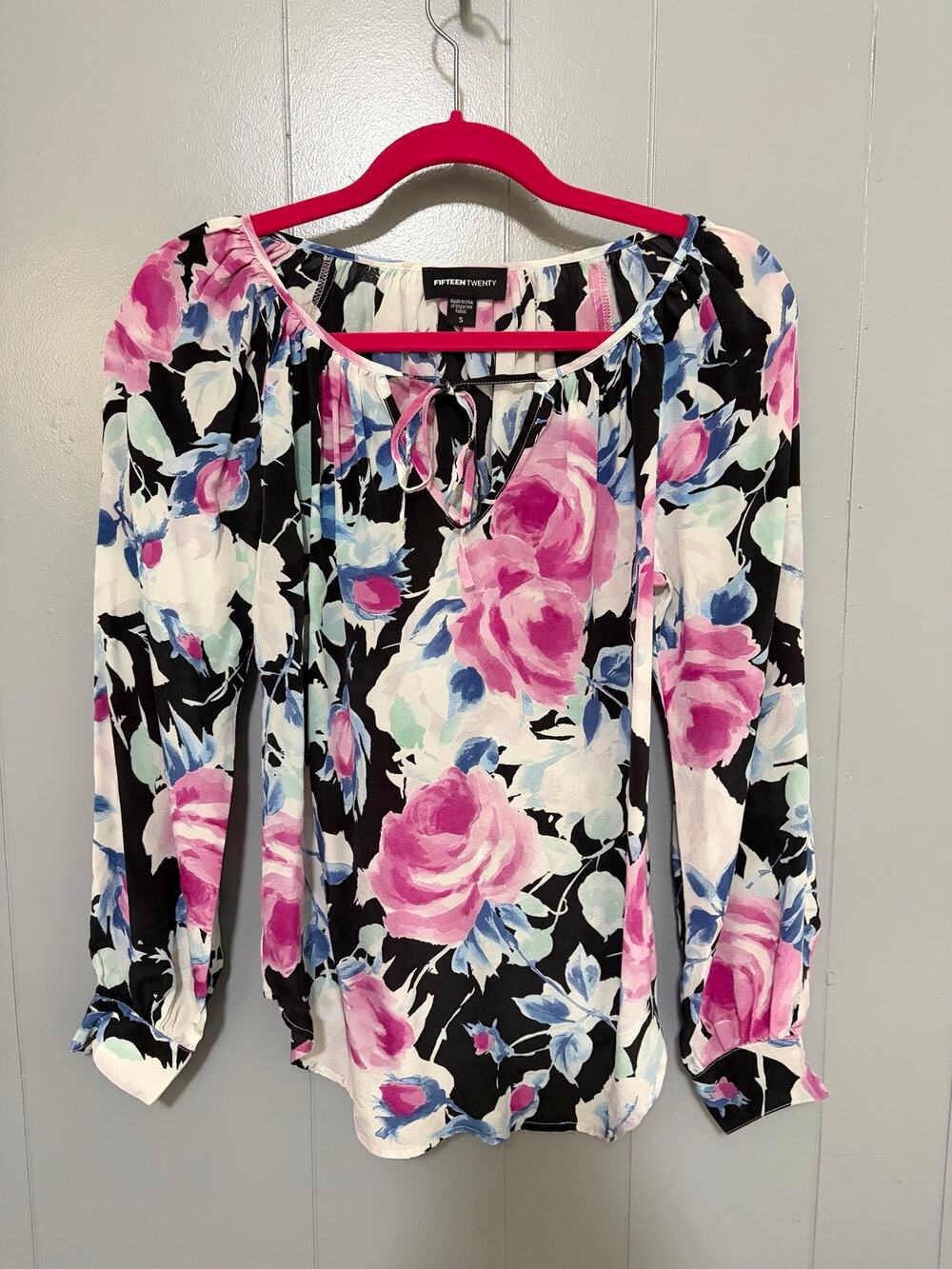 Fifteen Twenty Black Rose Floral Silk Long Sleeve Peasant Boho Blouse S